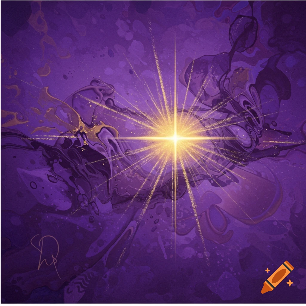 An abstract image featuring swirling shades of purple and gold with a bright golden starburst in the center.