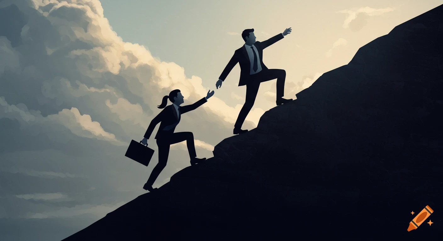 Silhouettes of two business people climbing a hill, one helping the other, against a cloudy sky.