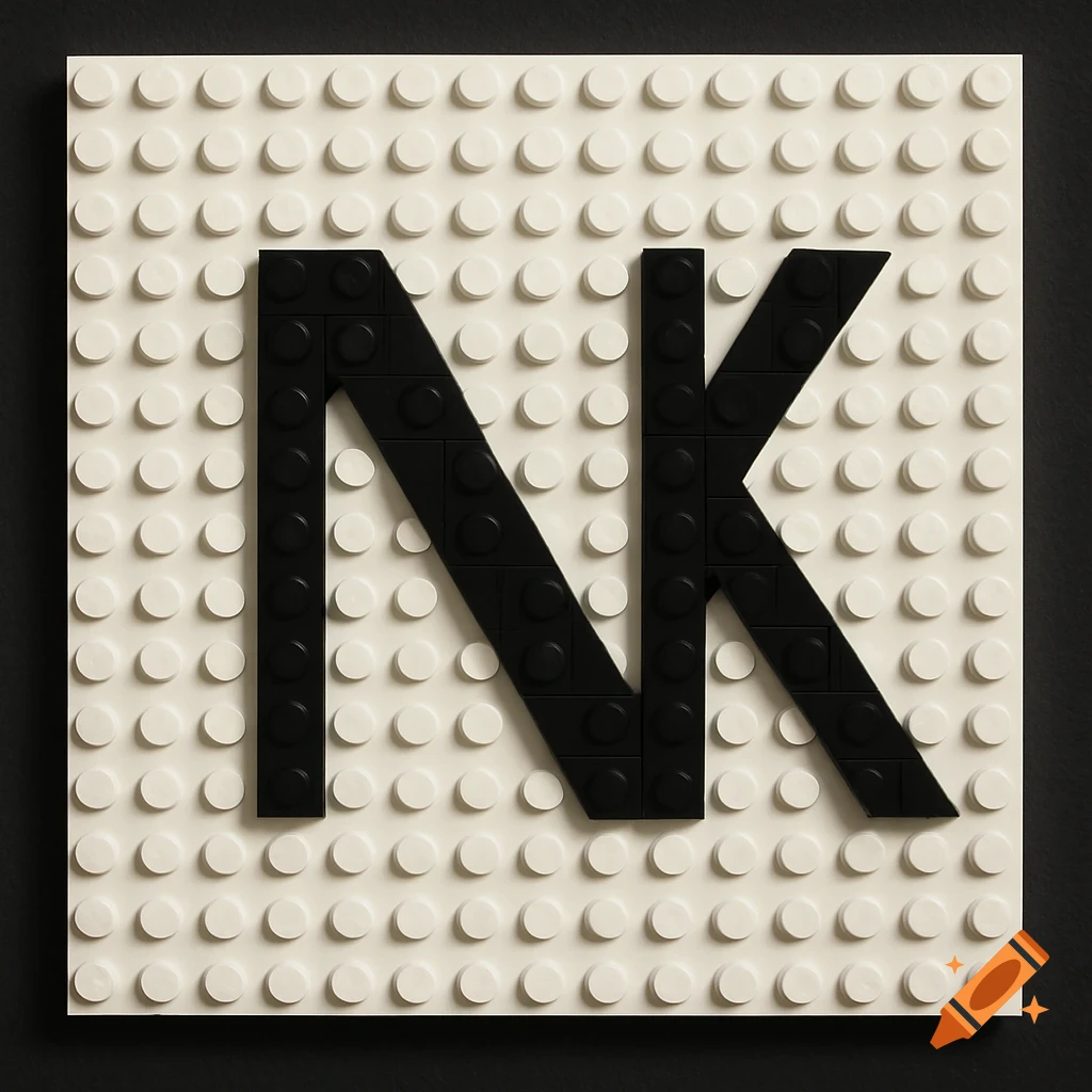 Black letters NK made of LEGO bricks on a white LEGO baseplate.