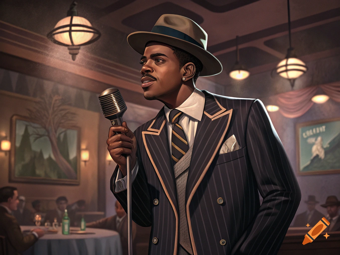 Man in a suit and hat sings into a vintage microphone in a dimly lit club.