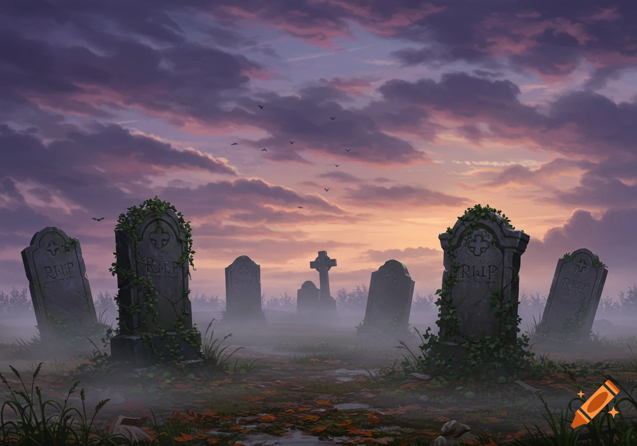 An atmospheric illustration of a spooky graveyard at dusk with misty fog and headstones.