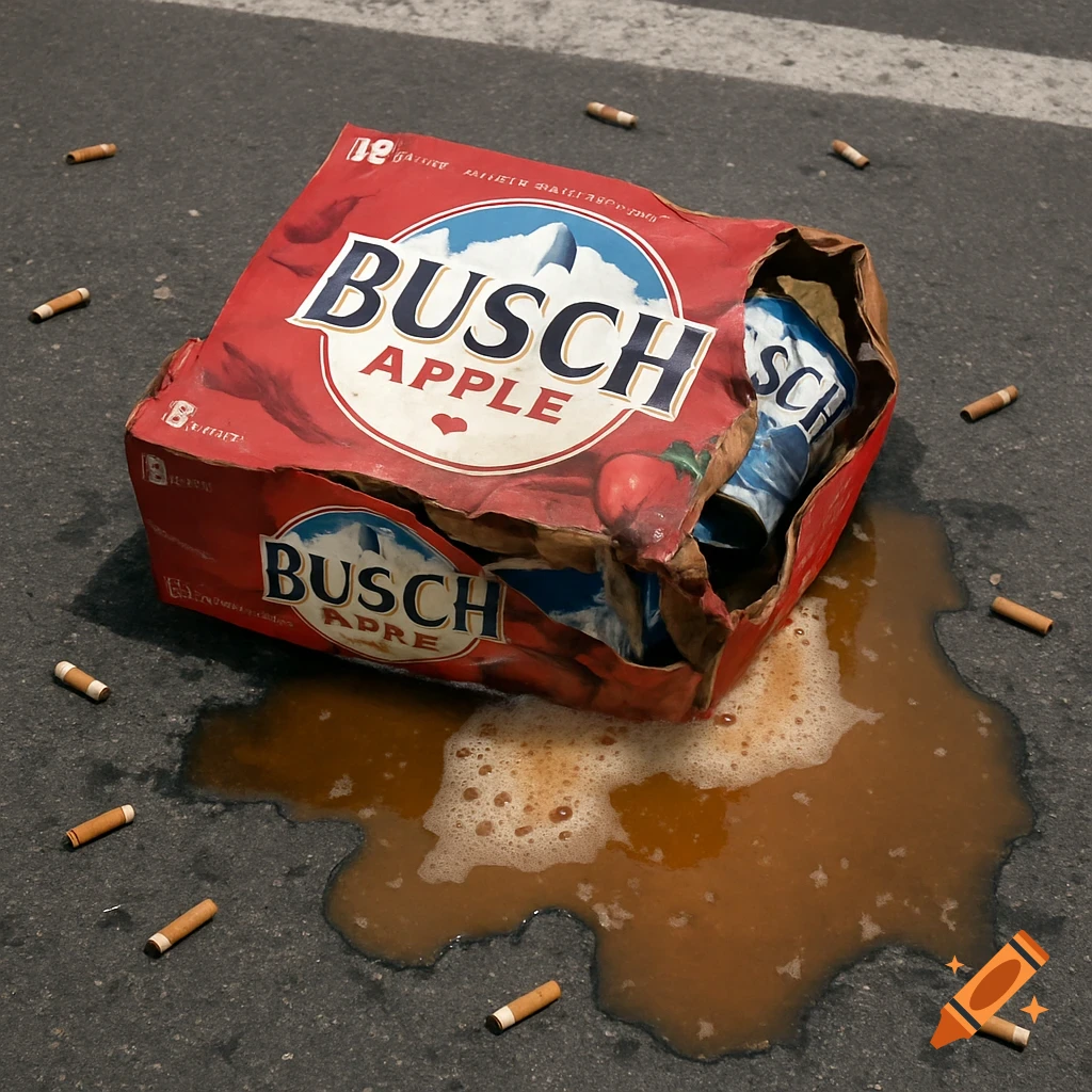 A crushed red case of Busch Apple beer lies on asphalt with beer spilled next to it and cigarette butts scattered around. Photorealistic style.
