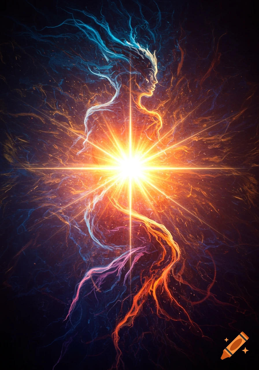 Abstract glowing figure made of orange and blue energy against a dark background with cosmic energy tendrils.