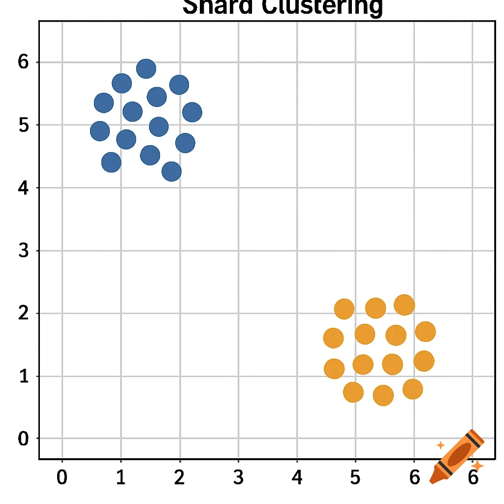 2D scatter plot showing two clusters of points on a grid with axis labels