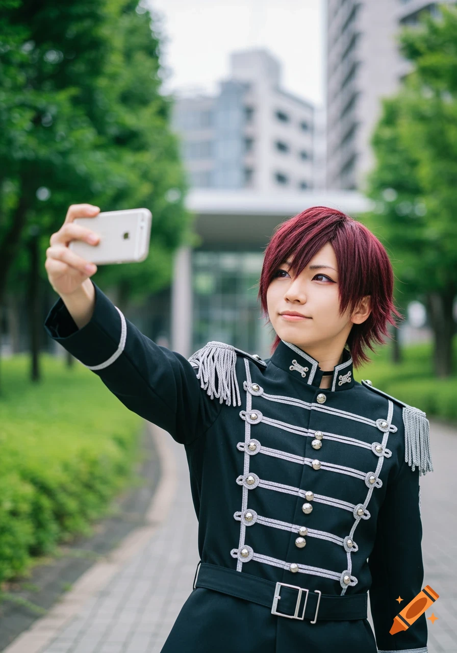 Person in military uniform taking a selfie outdoors