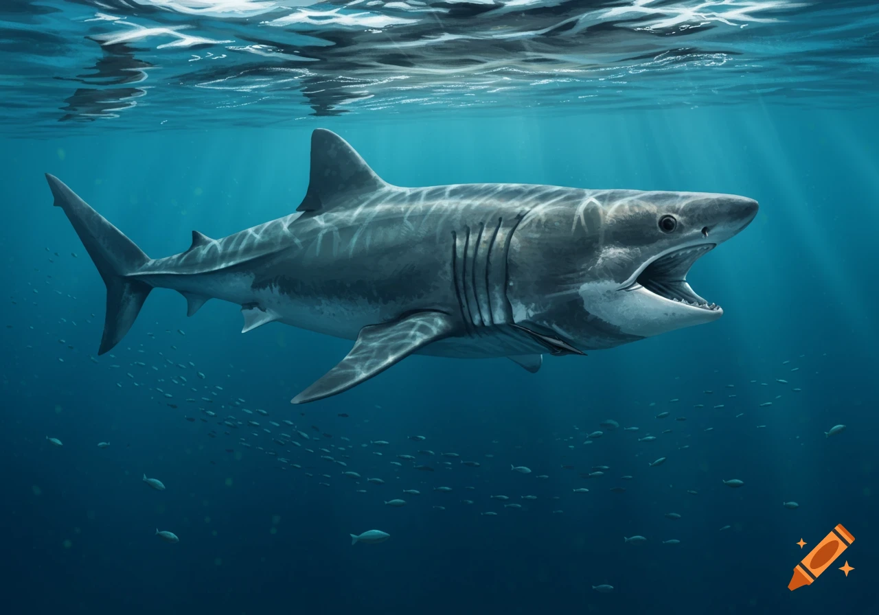 A great white shark swims underwater with small fish and sunlight rays filtering from the surface.