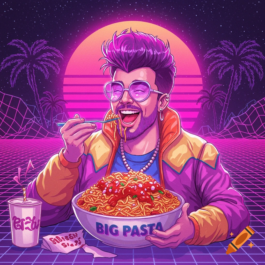 Illustration of a man eating a large bowl of pasta in a vaporwave cityscape with palm trees and a grid horizon.
