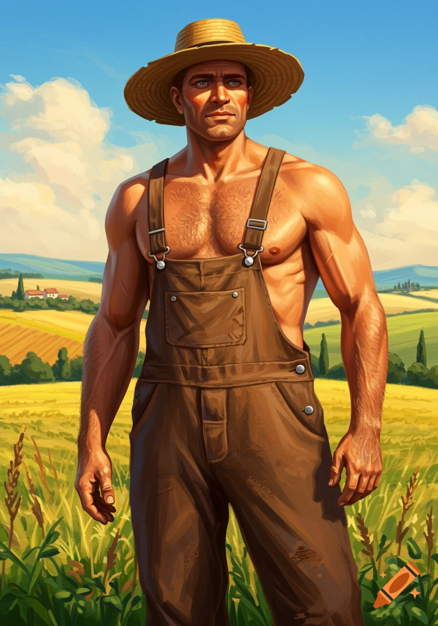 A stylized portrait of a shirtless man in brown overalls and a straw hat standing in a sunny field.