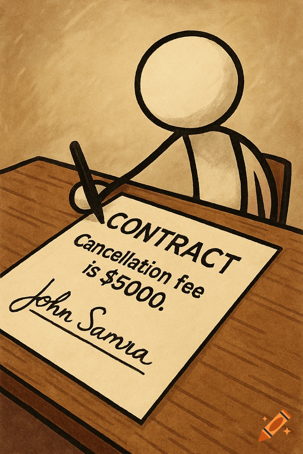 Stick figure signing a contract on a desk, with text 'CONTRACT Cancellation fee is $5000.' and signature 'John Samra' visible.
