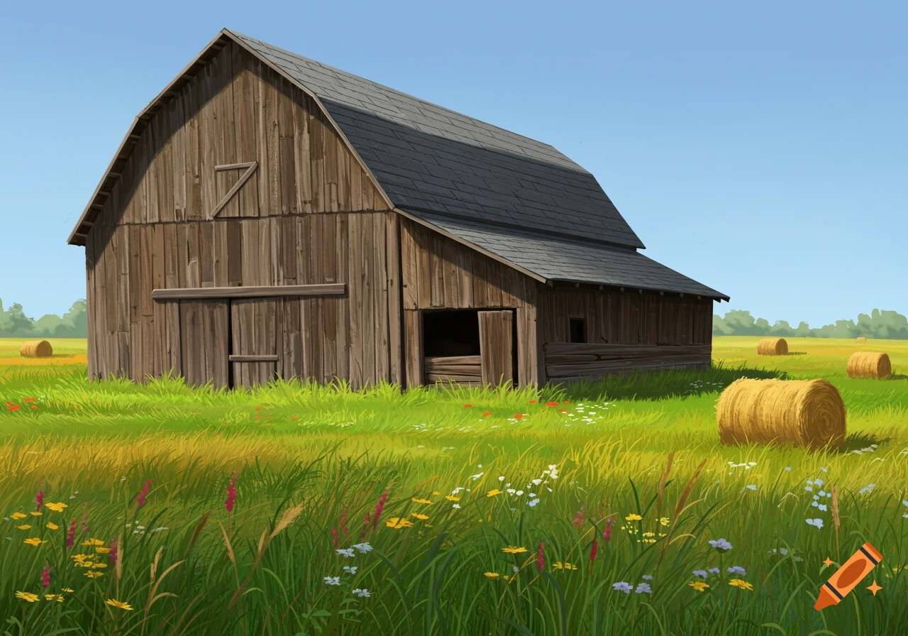 A wooden barn in a field with hay bales and wildflowers.