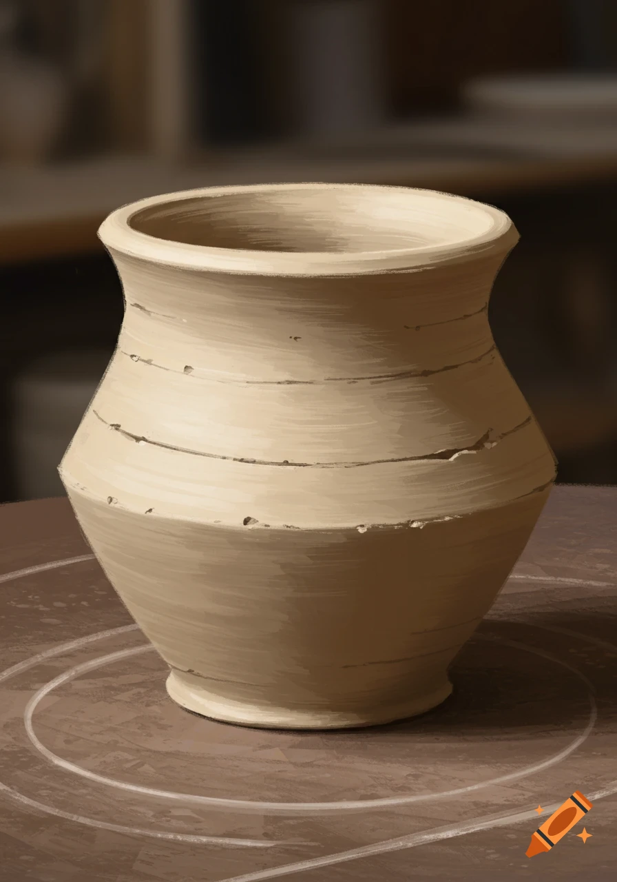 Digital painting of a handmade clay pot on a pottery wheel base