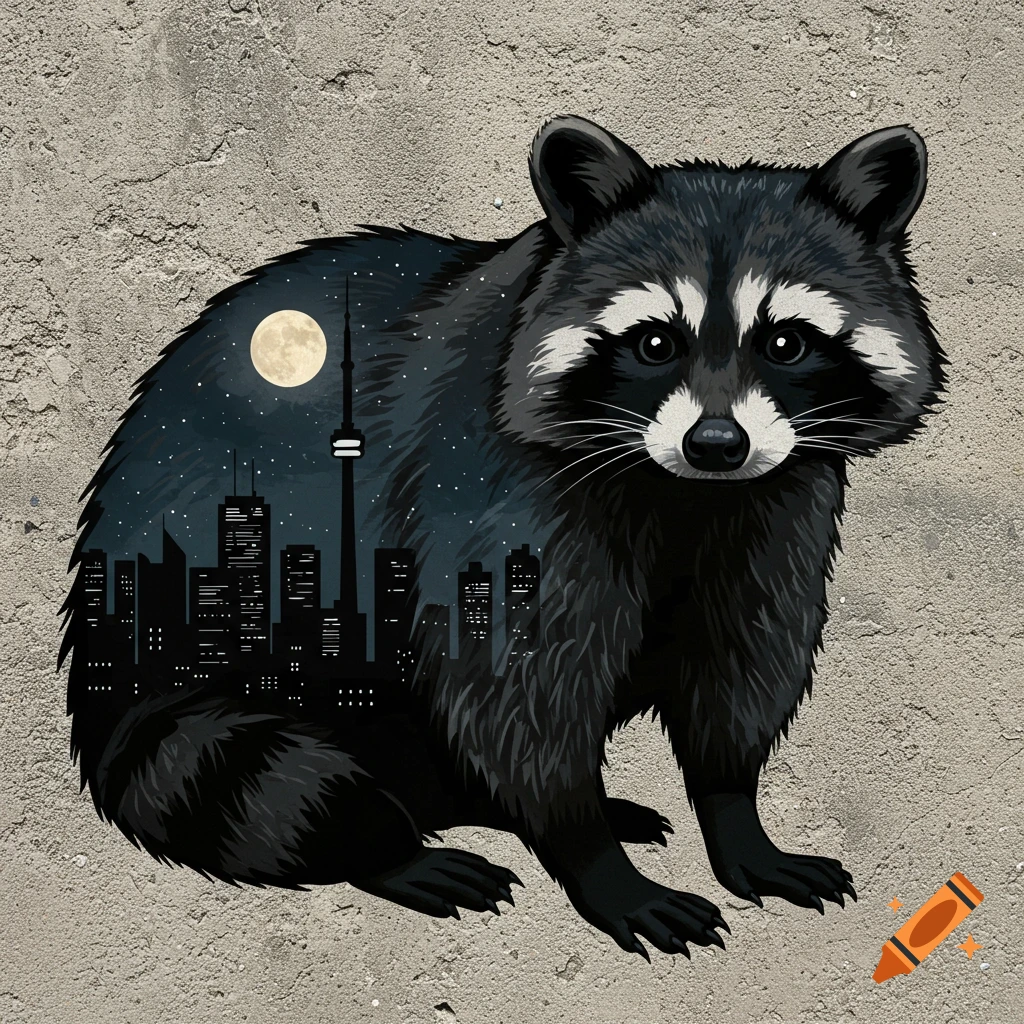 Stylized raccoon stencil with Toronto skyline and moon inside, on a concrete wall.