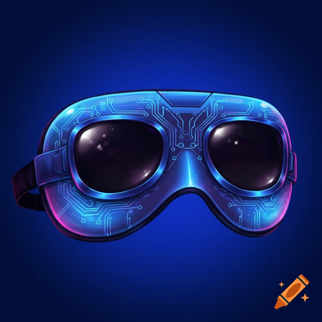 A futuristic blue eye mask with circuit patterns on a blue background.