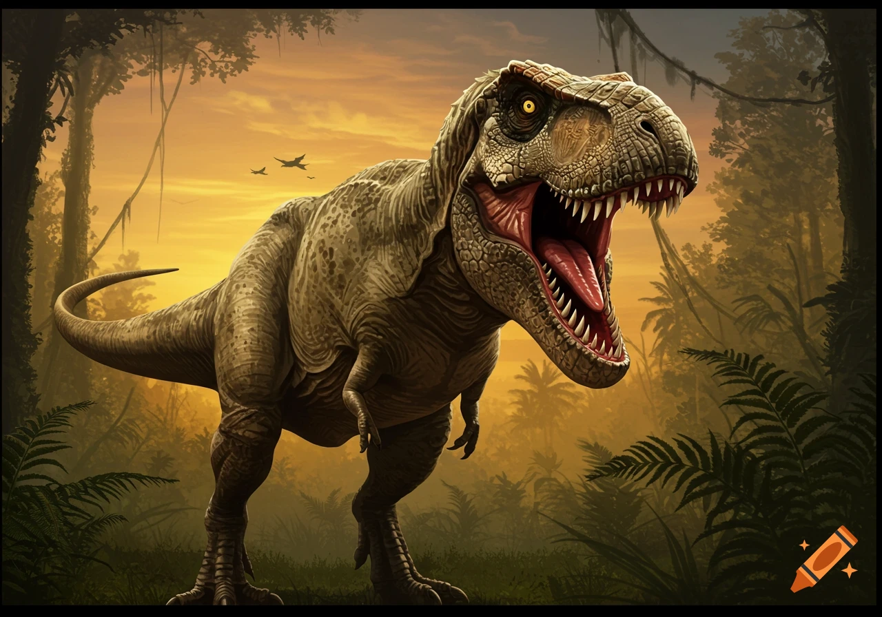 A large Tyrannosaurus Rex stands in a jungle at sunset.