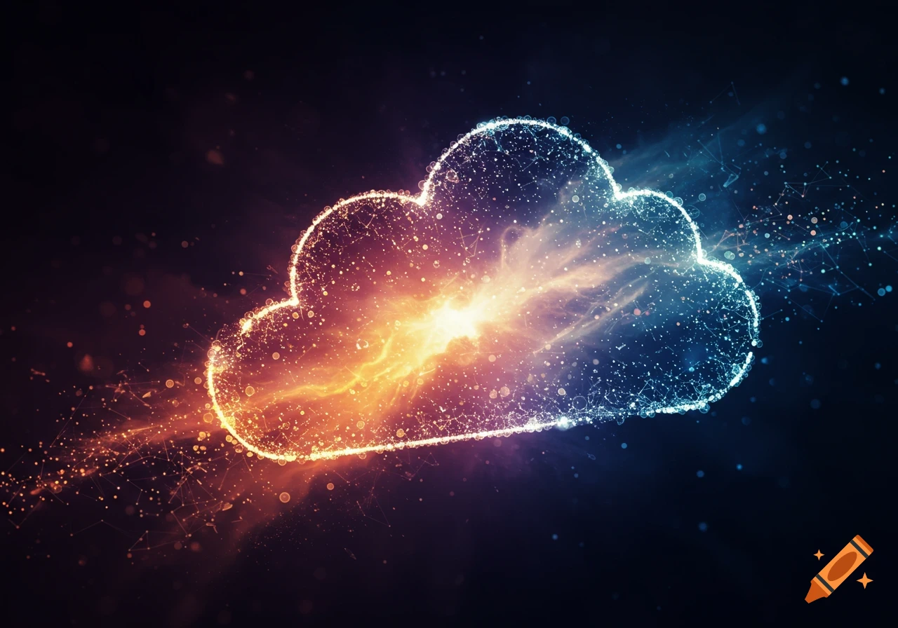 Abstract depiction of cloud computing with glowing particles and data connections