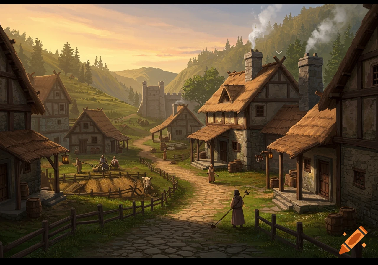 An ancient village nestled in a valley at sunset, with stone and thatched-roof buildings, people working, and a distant castle.