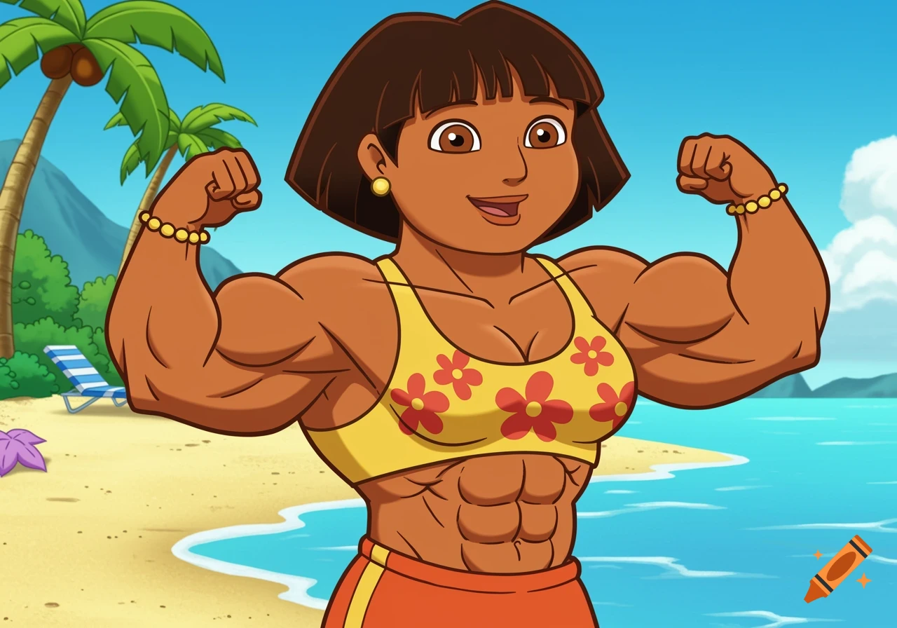 Muscular cartoon woman resembling Dora the Explorer's mom flexing on a beach.