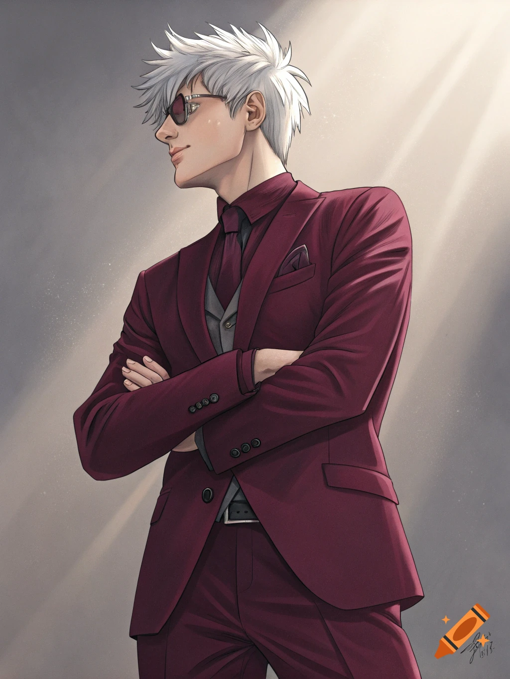 Anime illustration of a man with white hair and sunglasses in a burgundy suit, standing with his arms crossed.