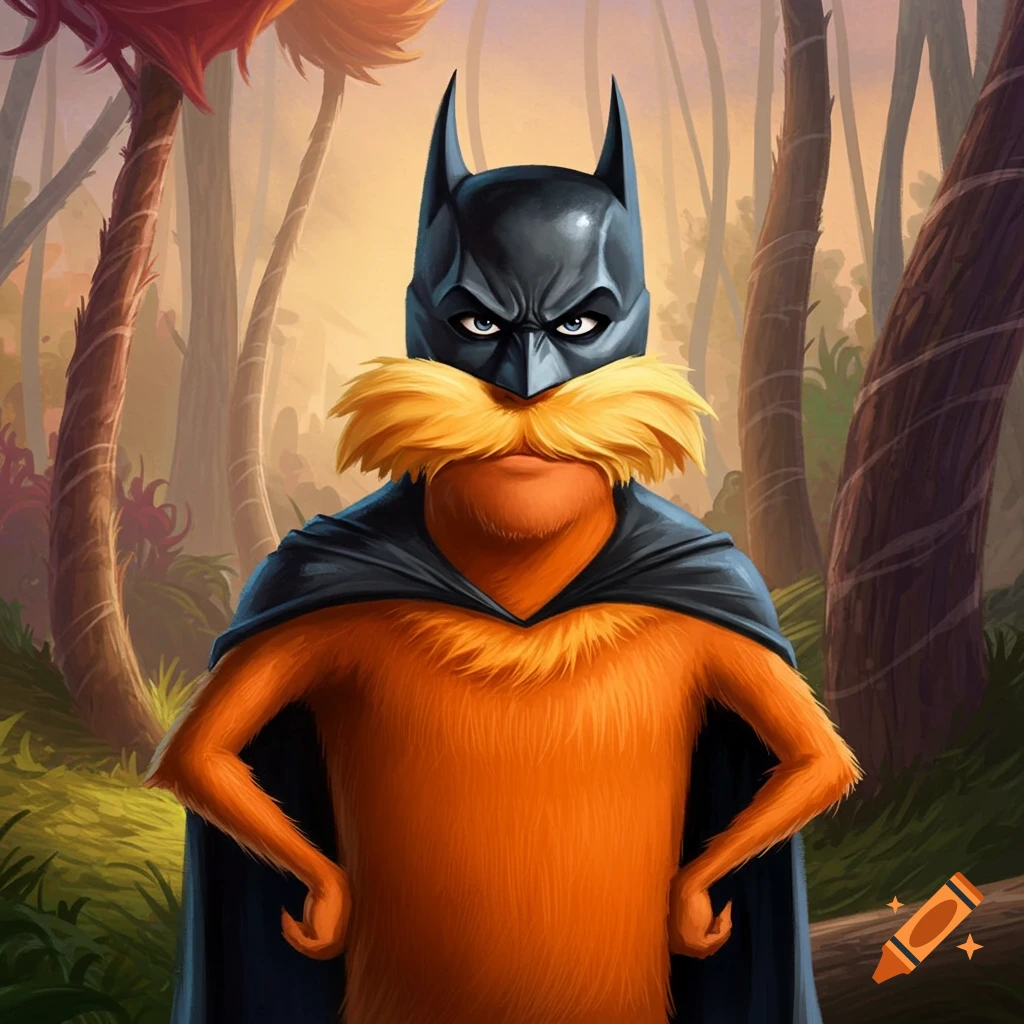 A cartoon character resembling the Lorax wears a Batman mask and cape in a forest.
