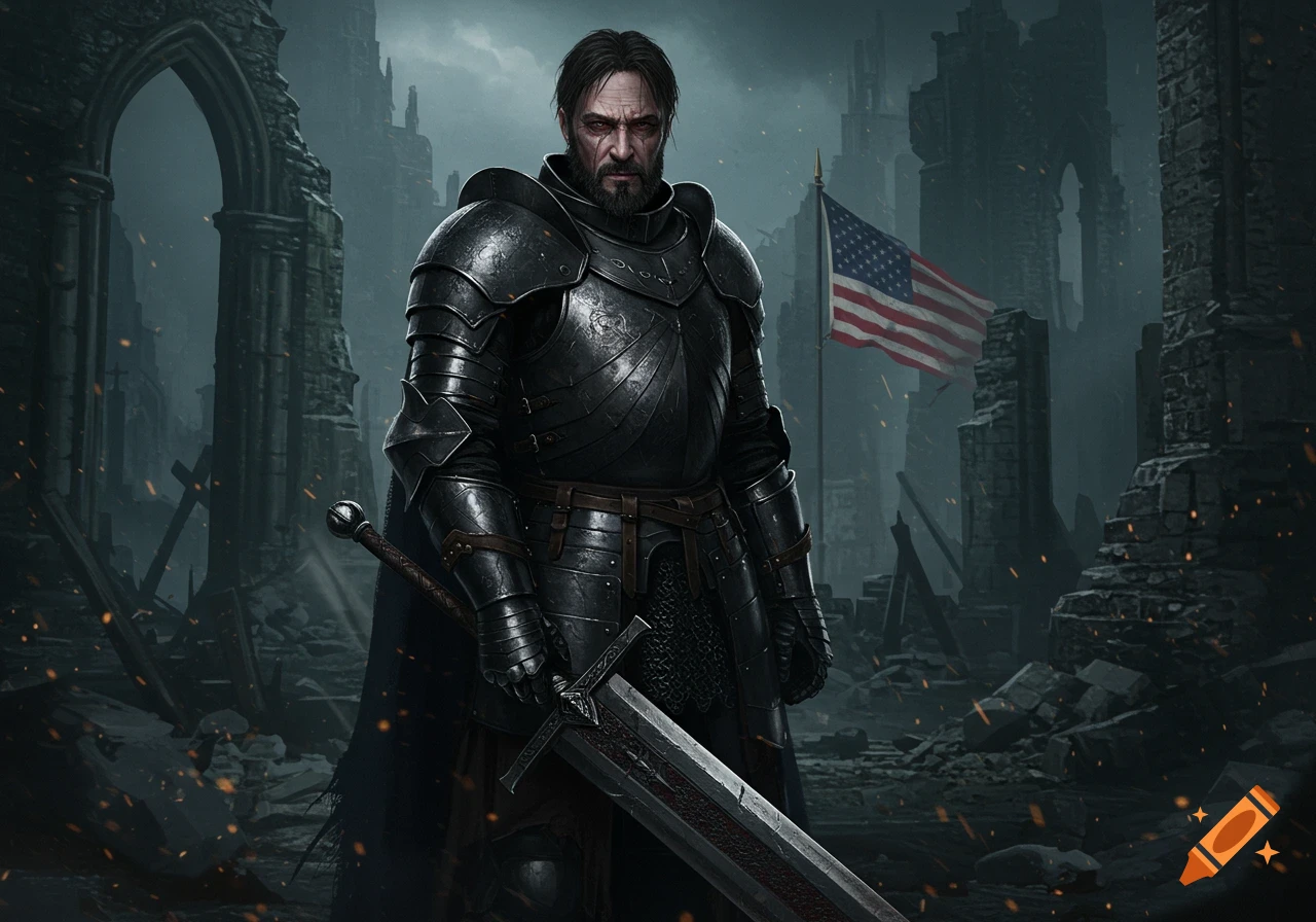 Dark knight in full armor with a greatsword stands in ruins under a USA flag.
