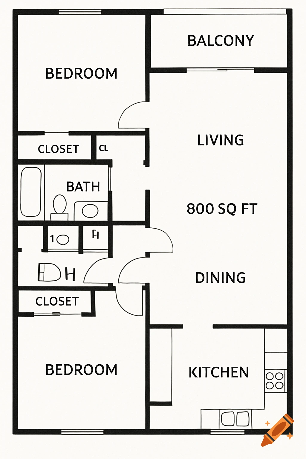 A black and white floor plan drawing for an 800 sq ft apartment with two bedrooms, 1.5 bathrooms, a kitchen, living area, dining area, closets, and a balcony.