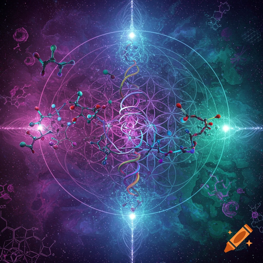 Psychedelic illustration of molecular structures, DNA spiral, and flower of life pattern in a vibrant cosmic setting.