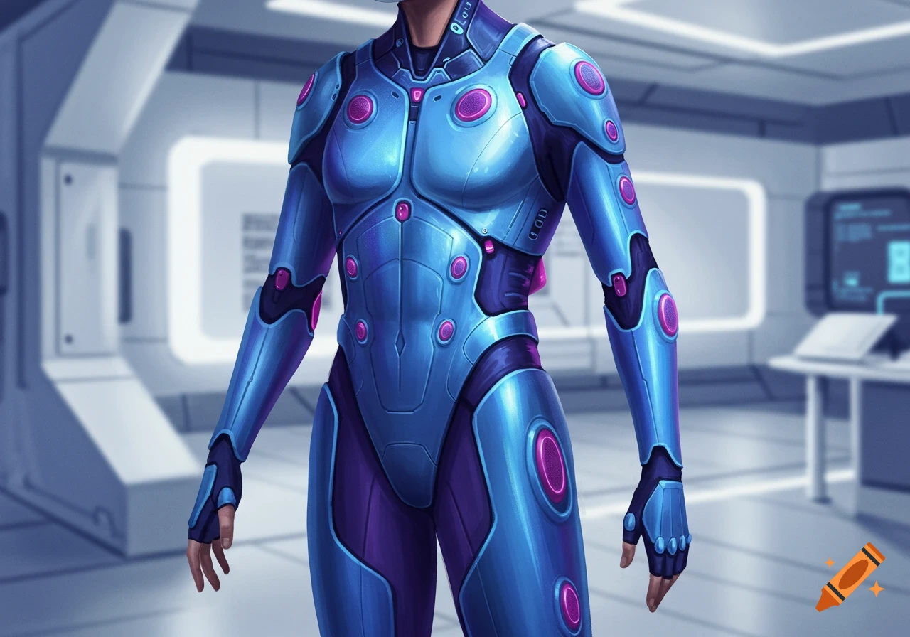 Person in a blue and purple futuristic sci-fi suit in a room.