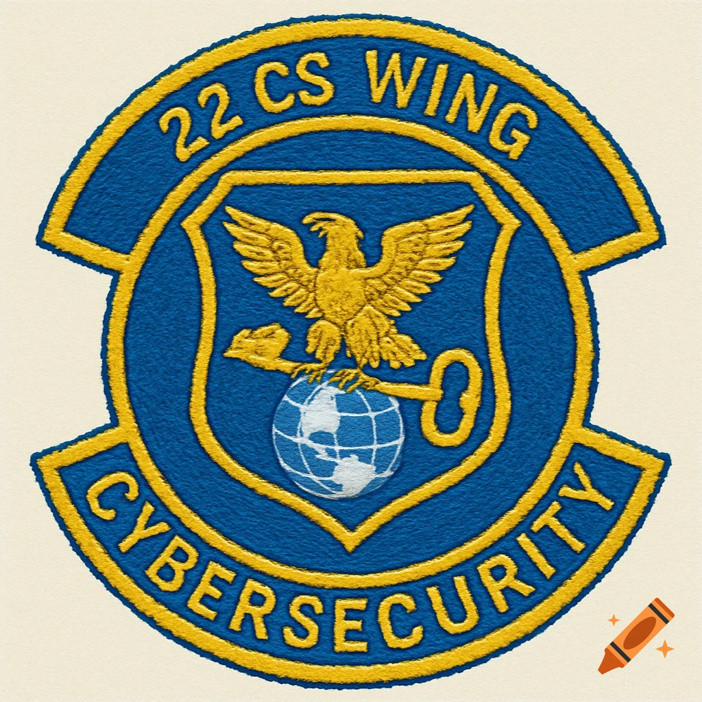 A blue and yellow military patch with '22 CS Wing Cybersecurity' text and an eagle holding a key and globe.