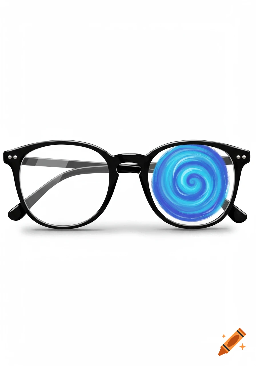 A pair of black-rimmed glasses with a blue swirl in the right lens.