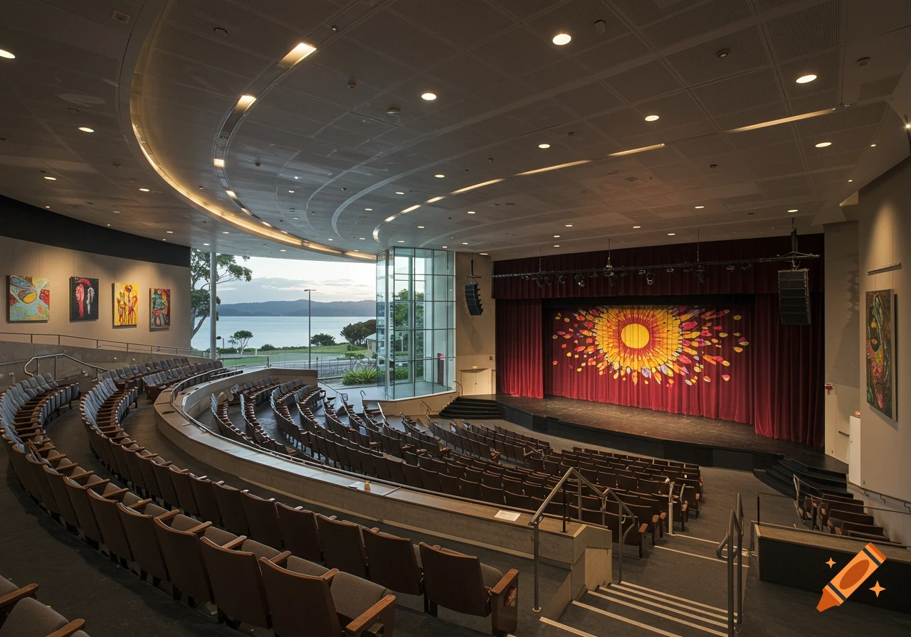View of an empty modern theatre with rows of seats, a stage featuring a large sun design on the curtain, and a window overlooking water.