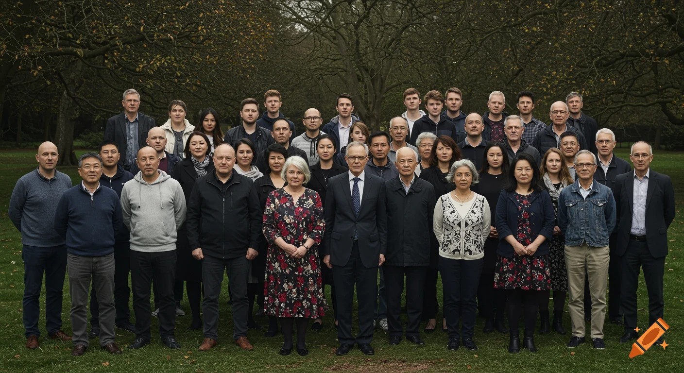 Large group of diverse people posing for a portrait in a park.