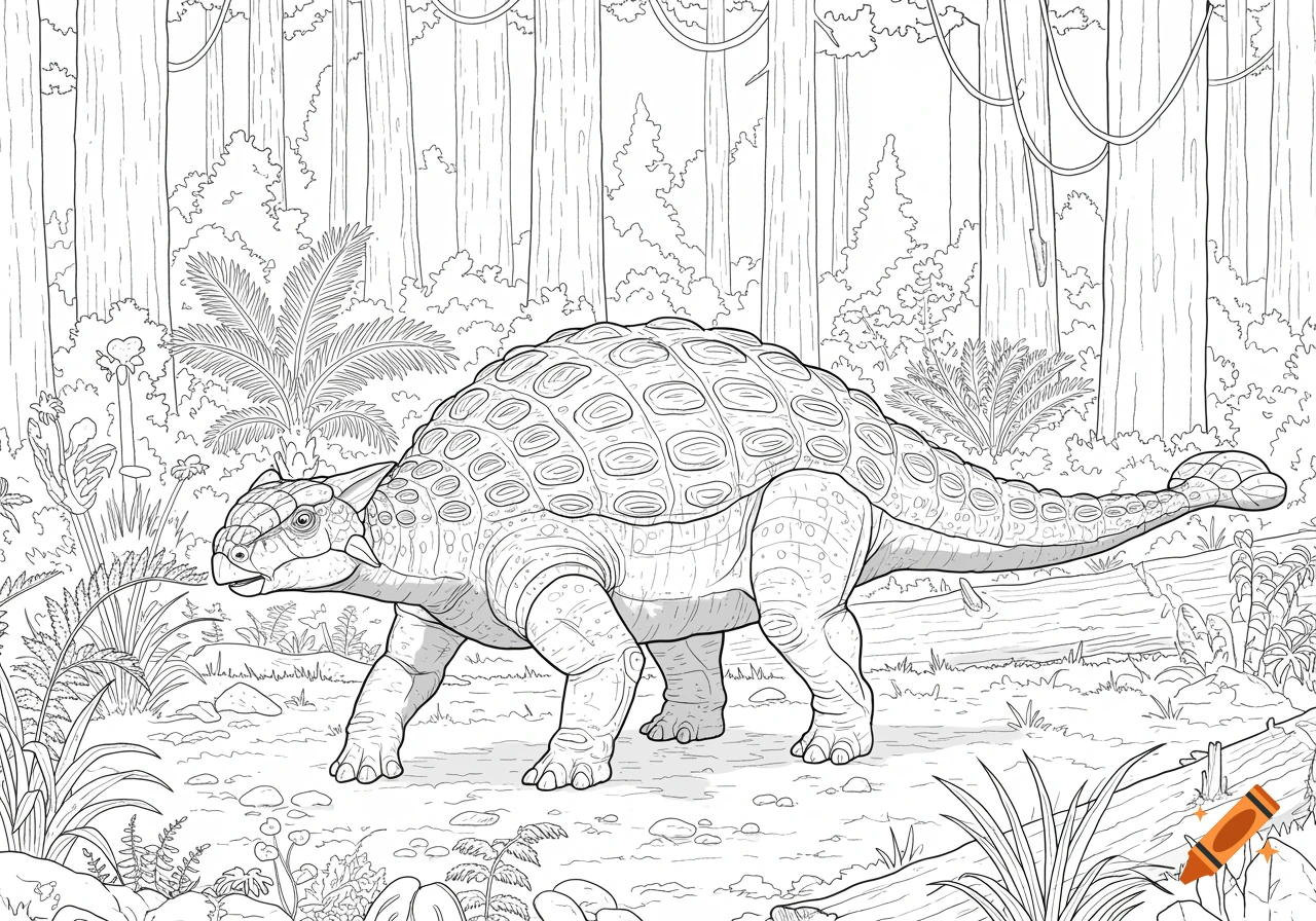 A black and white line drawing of an Ankylosaurus walking in a prehistoric forest.