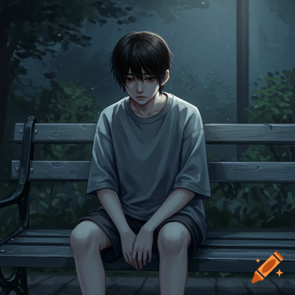 Anime illustration of a sad boy sitting on a dark park bench at night.