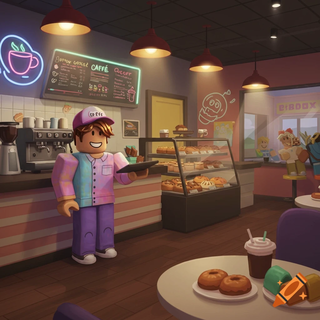 Roblox character working in a colorful cafe
