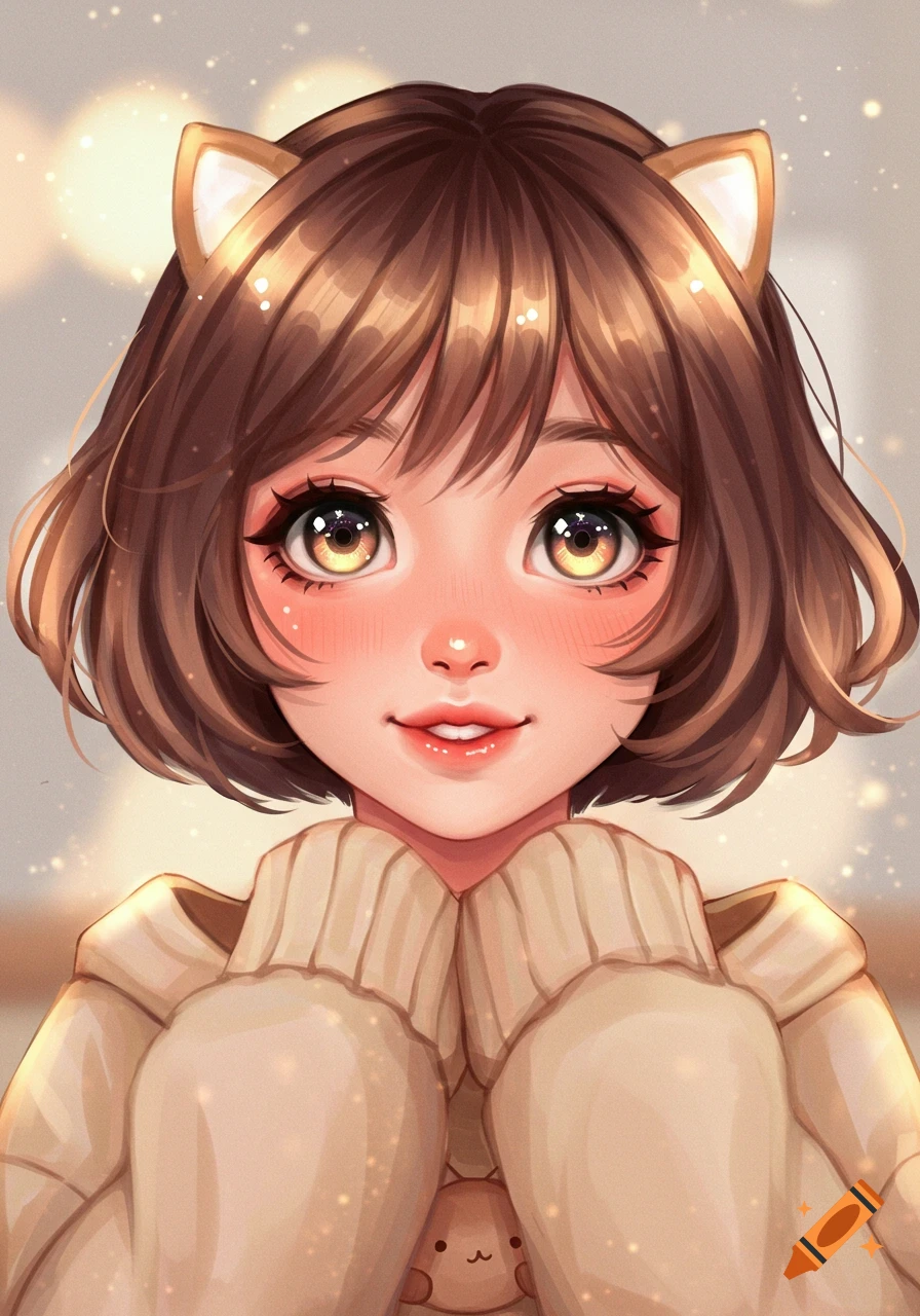 Anime portrait of a cute girl with short brown hair, animal ears, and a cozy sweater.
