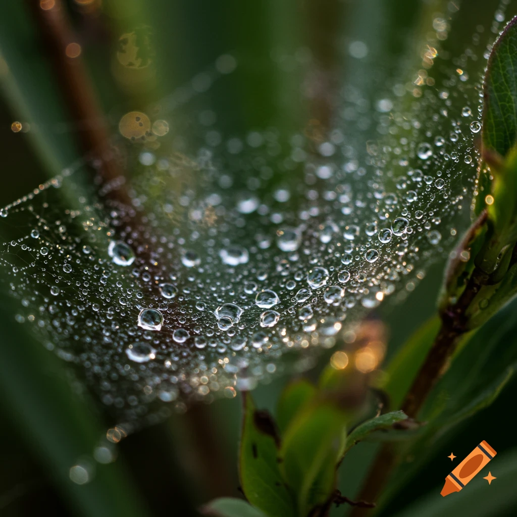 Close-up of a dew-covered spider web in morning sunlight, macro photo.