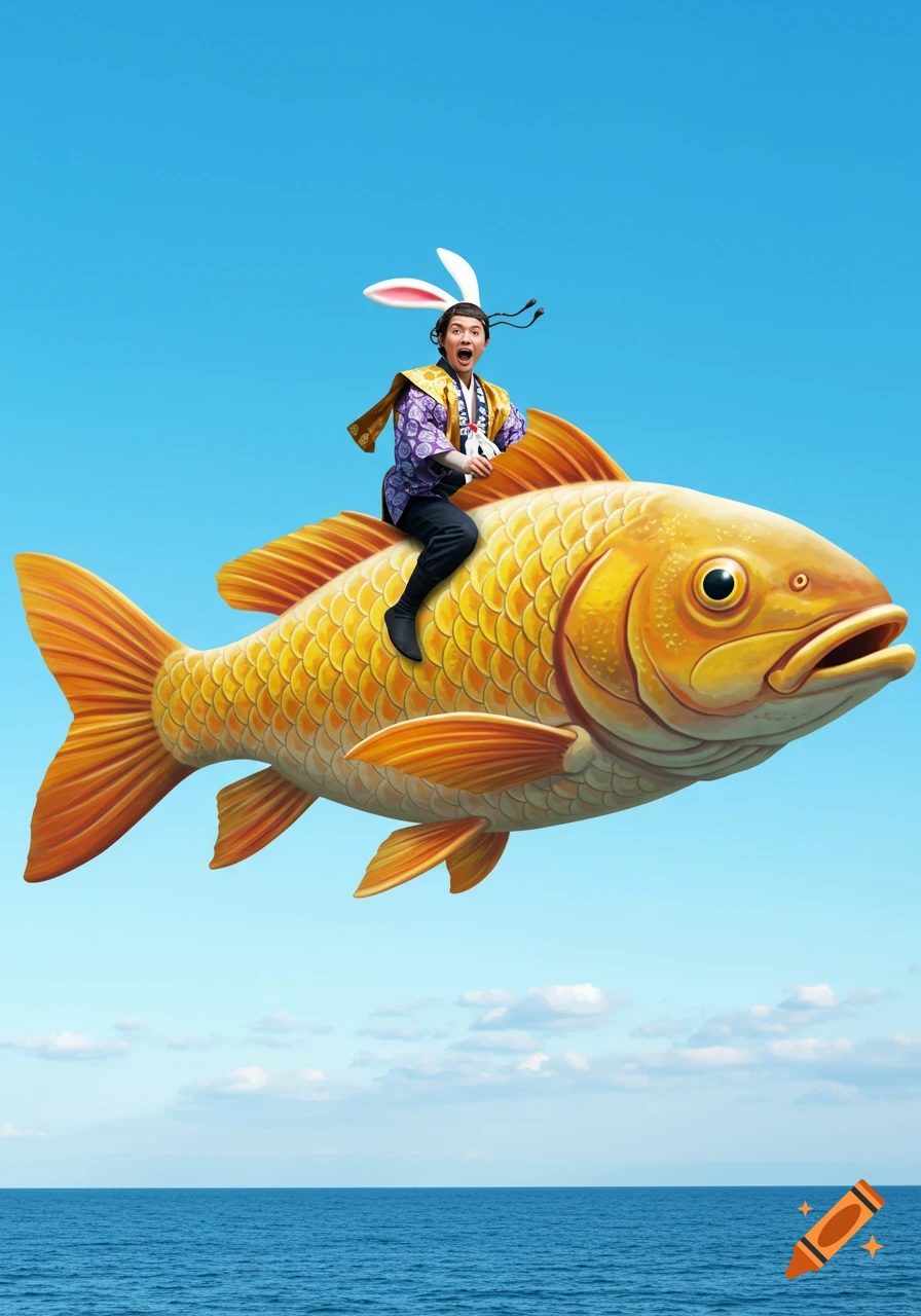 A person wearing bunny ears rides a giant golden fish through the sky ...