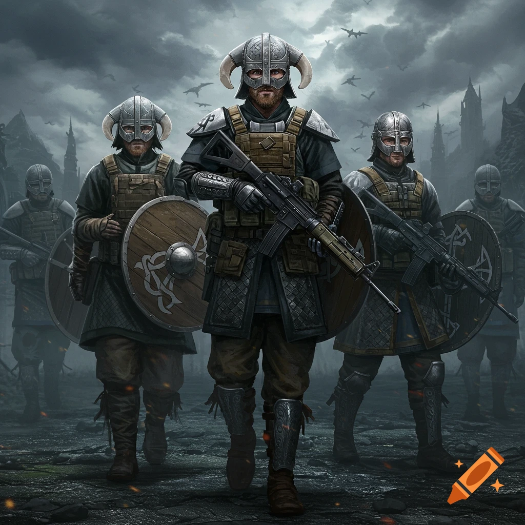 A group of soldiers wearing Viking helmets and modern military gear walk forward in a dark, atmospheric scene.
