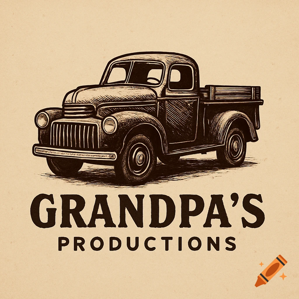 Sketch illustration of a vintage pickup truck above the text GRANDPA'S PRODUCTIONS on a textured background.