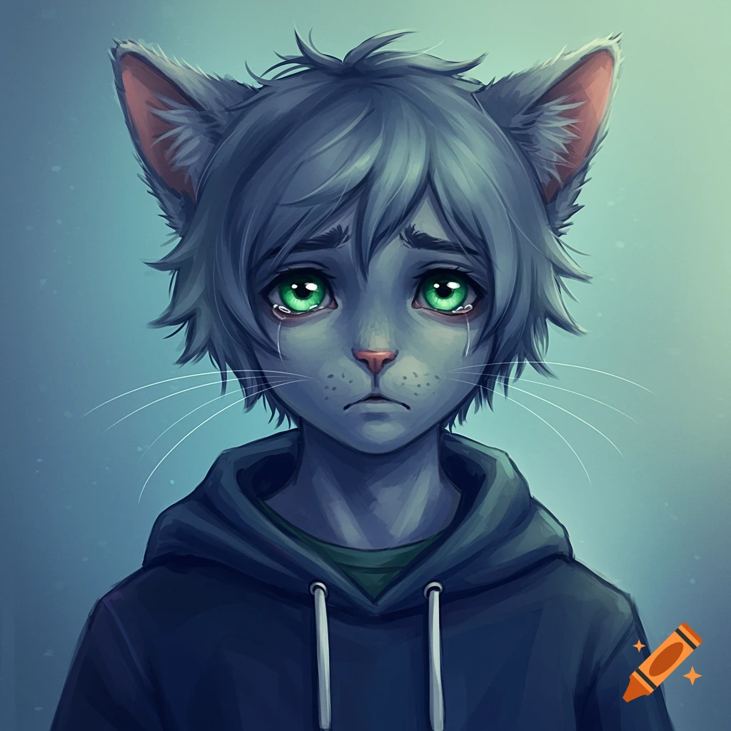 Digital illustration portrait of a sad anthropomorphic cat boy in a dark hoodie with green eyes and tears.