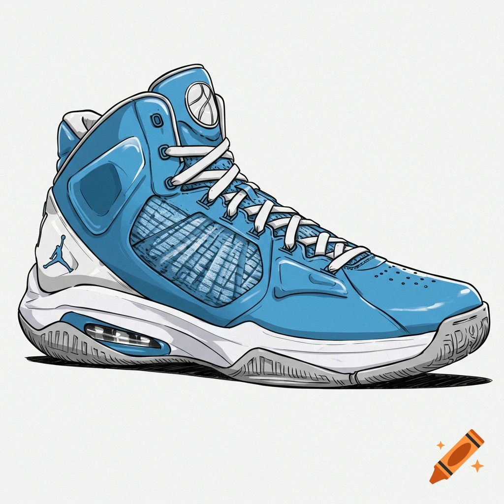 A drawing of a blue and white high-top basketball sneaker.
