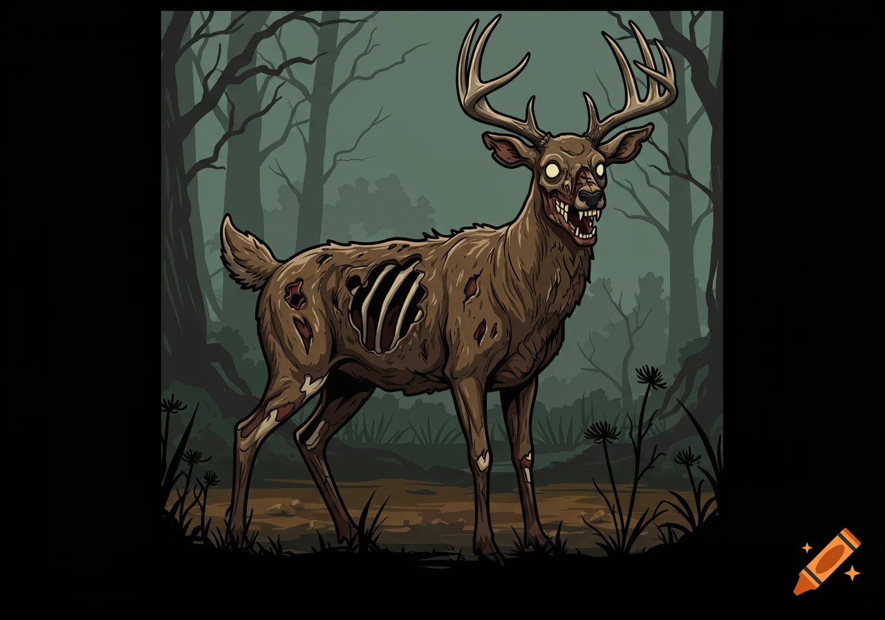 Illustration of a zombie whitetail buck in a forest.