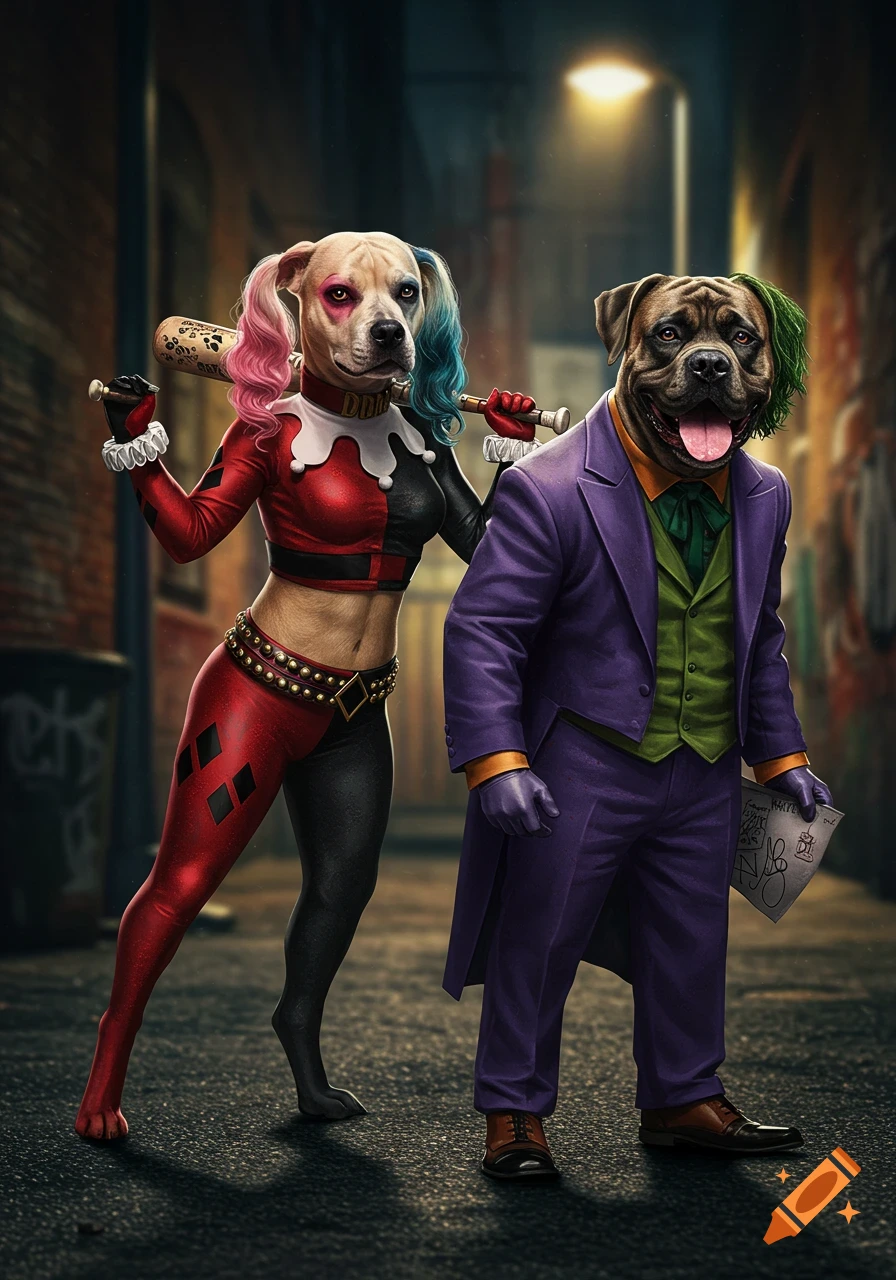 Dog dressed as Harley Quinn and dog dressed as Joker stand in a gritty alley.