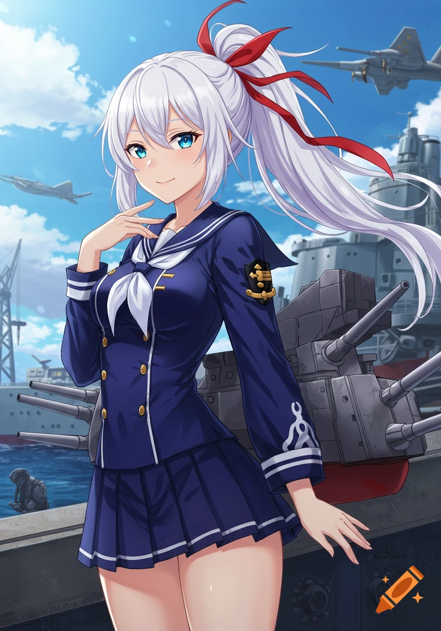 Anime illustration of a girl in a sailor uniform standing on a ship deck with jets flying.