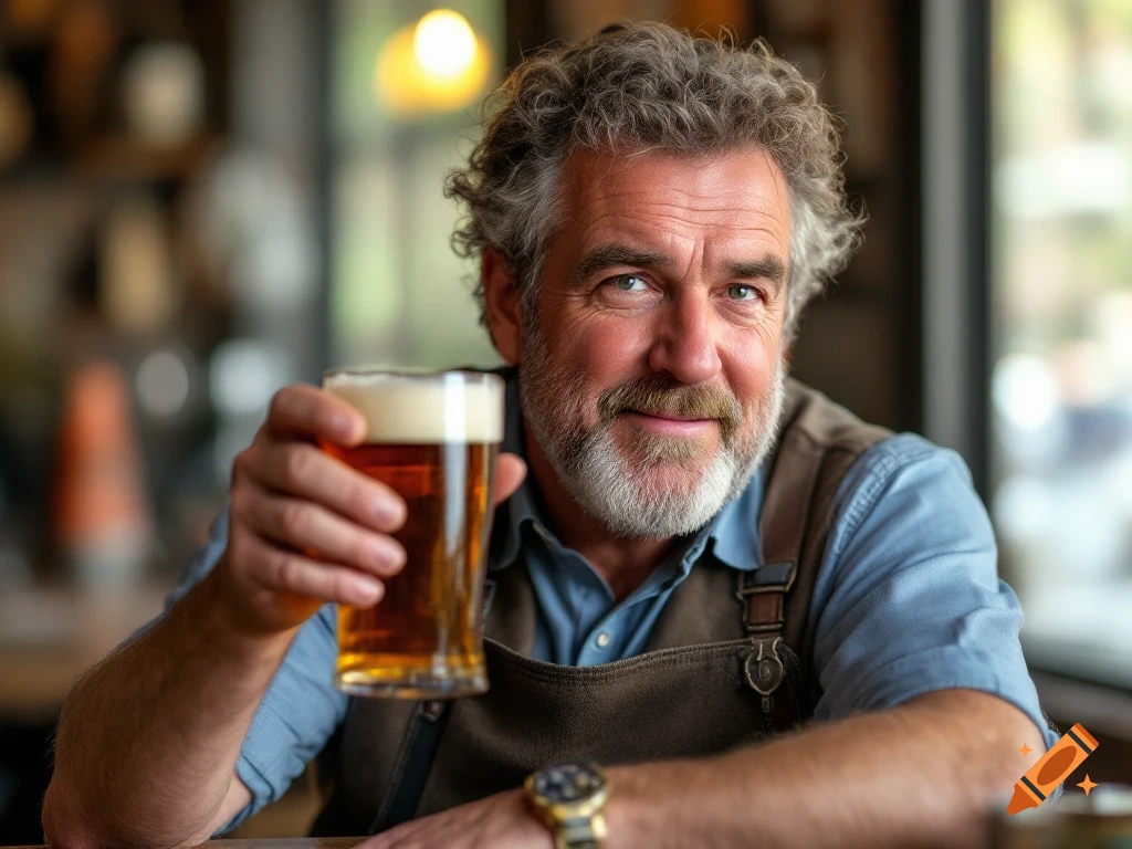 A man in a bar holding a pint of beer and smiling.
