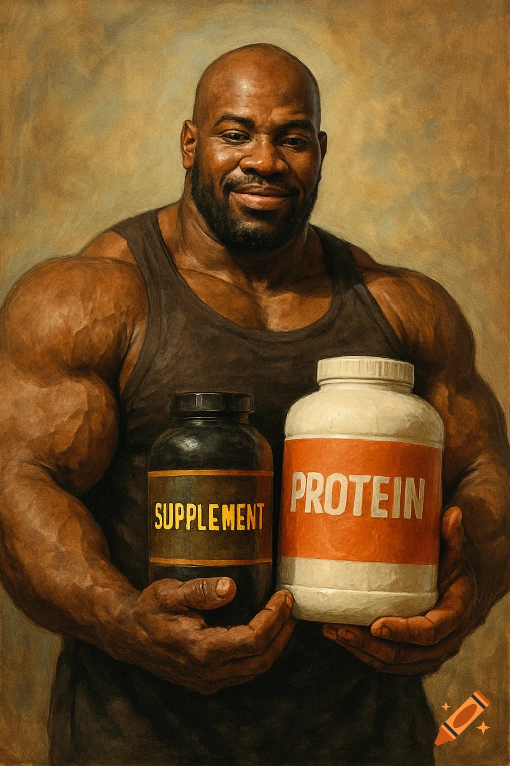 Muscular black man holds supplement and protein containers in a painterly style.