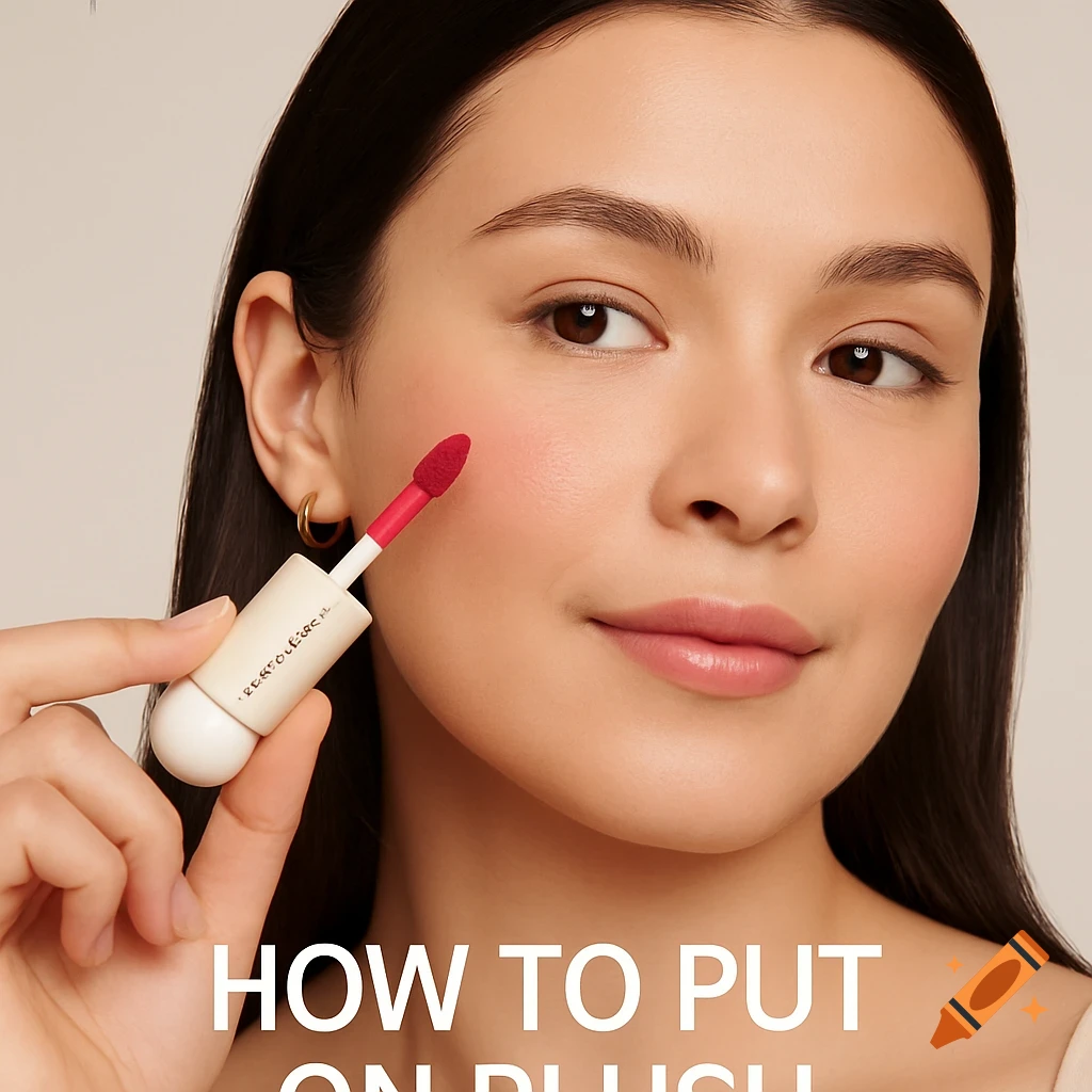 Close up of a woman applying blush to her cheek with a pink applicator from a bottle.