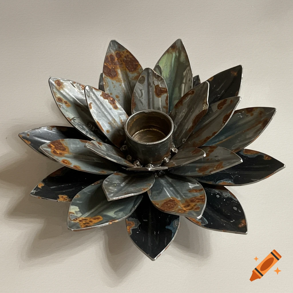 A scrap metal flower candle holder.