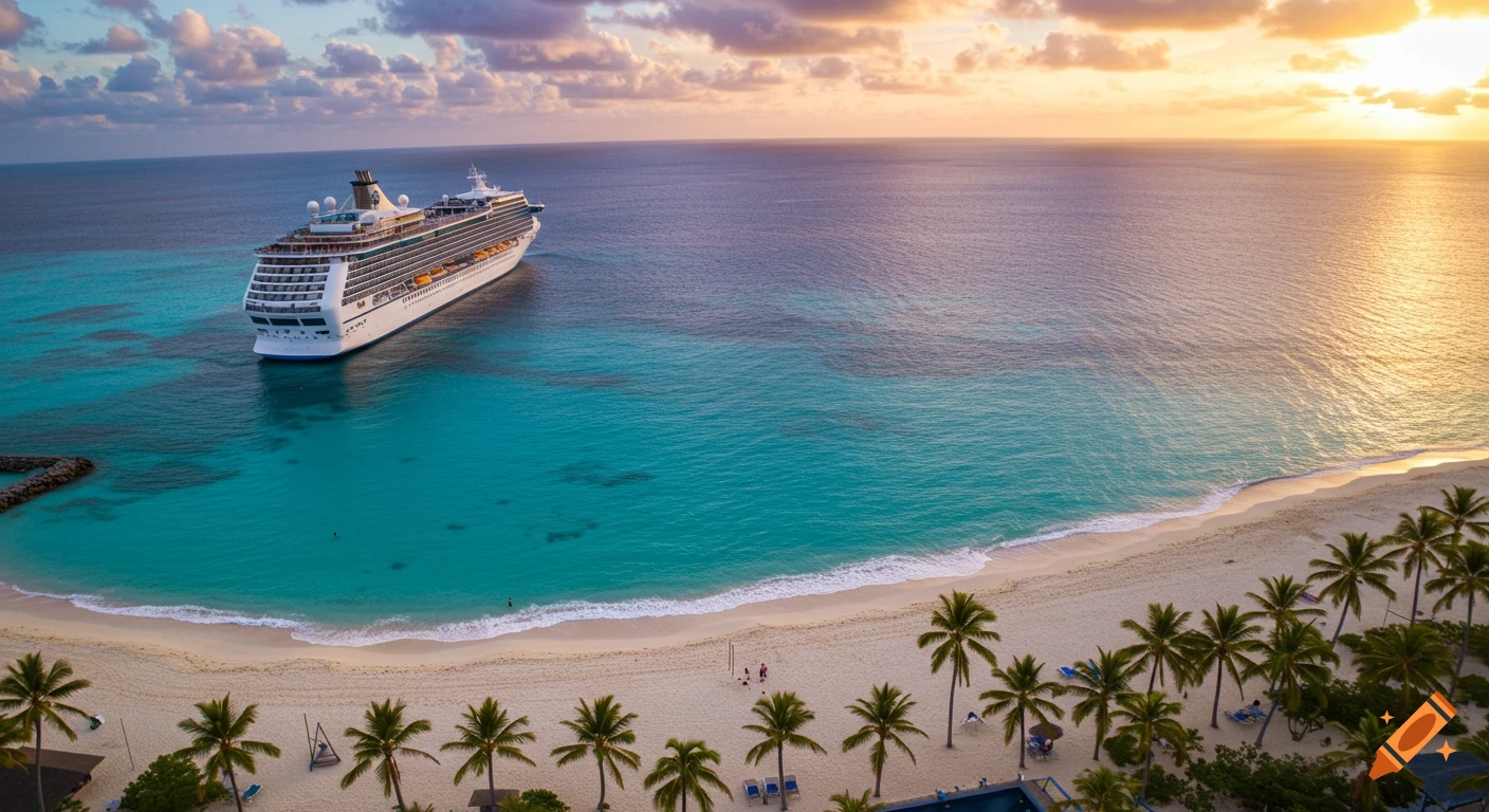 A cruise ship is anchored near a tropical beach with palm trees as the sun sets over the ocean.