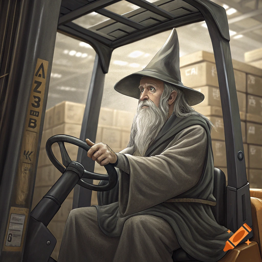 A wizard resembling Gandalf, wearing a hat and robe, drives a yellow forklift inside a warehouse.
